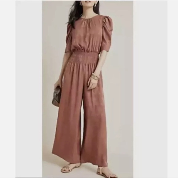Anthropologie Pants - ANTHROPOLOGIE • CURRENT AIR Mauve Smocked Floral Jacquard Jumpsuit Size Small